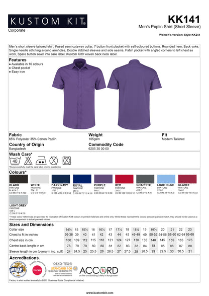 Mens Poplin Shirt -Short Sleeve (KK141)